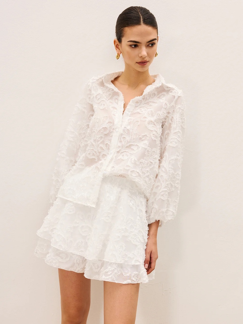 Commense Sheer Embroidered Short Set White 2-Piece Fringe Organza NWT Small